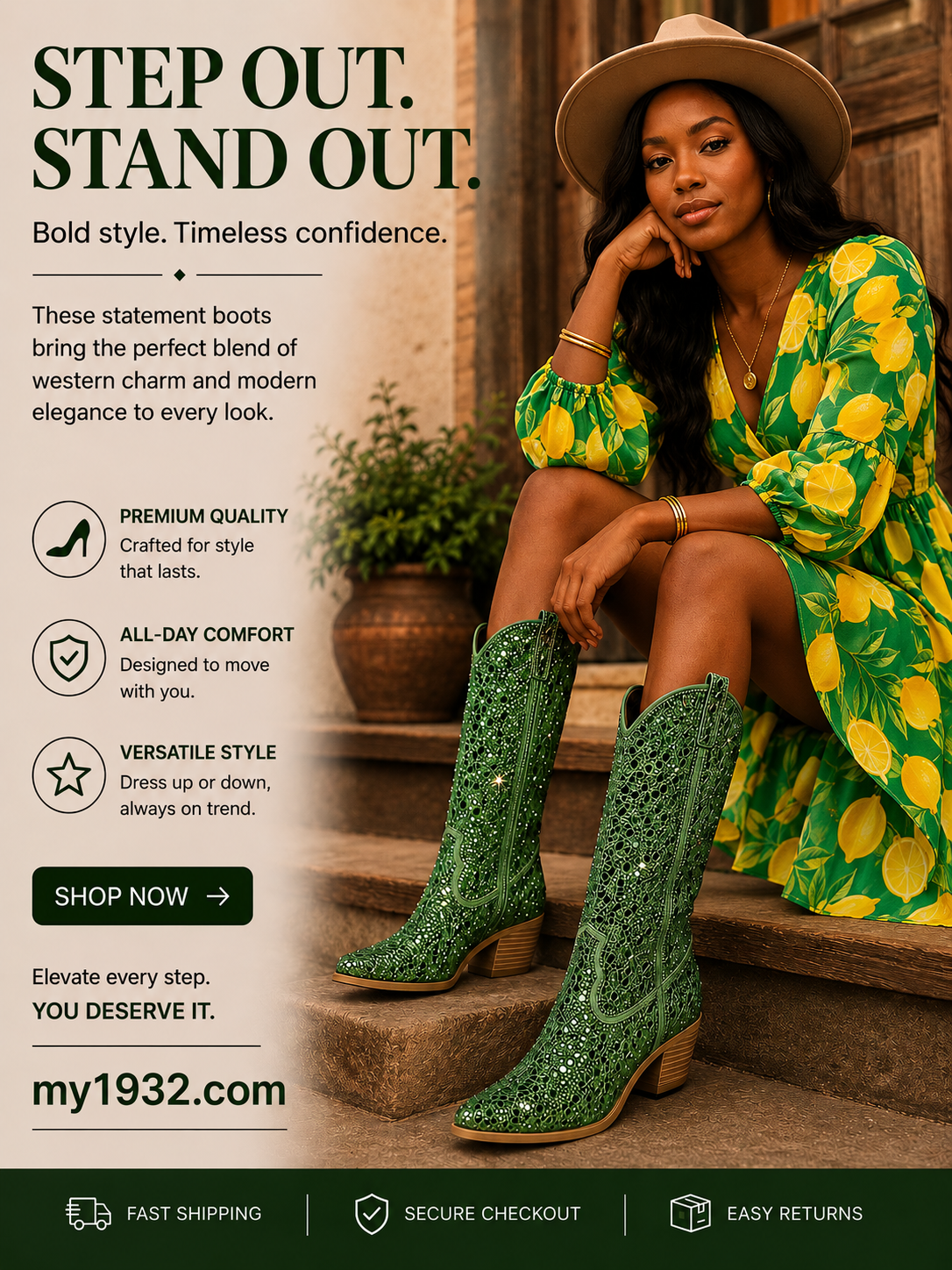 1932 Green Rhinestone Knee-High Boot™