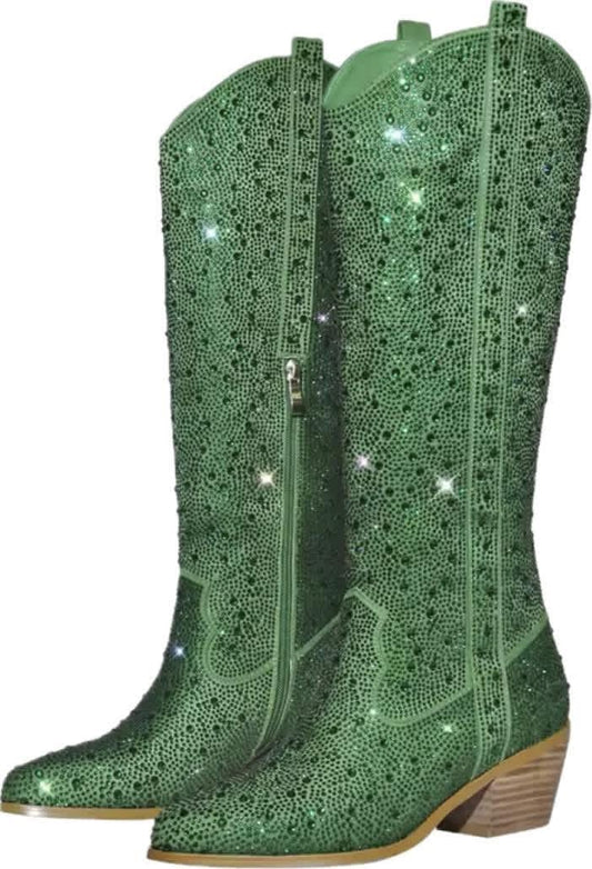 GREEN RHINESTONE BOOTS-KNEE LENGTH-(START SHIPPING DATE-5/25/2026)